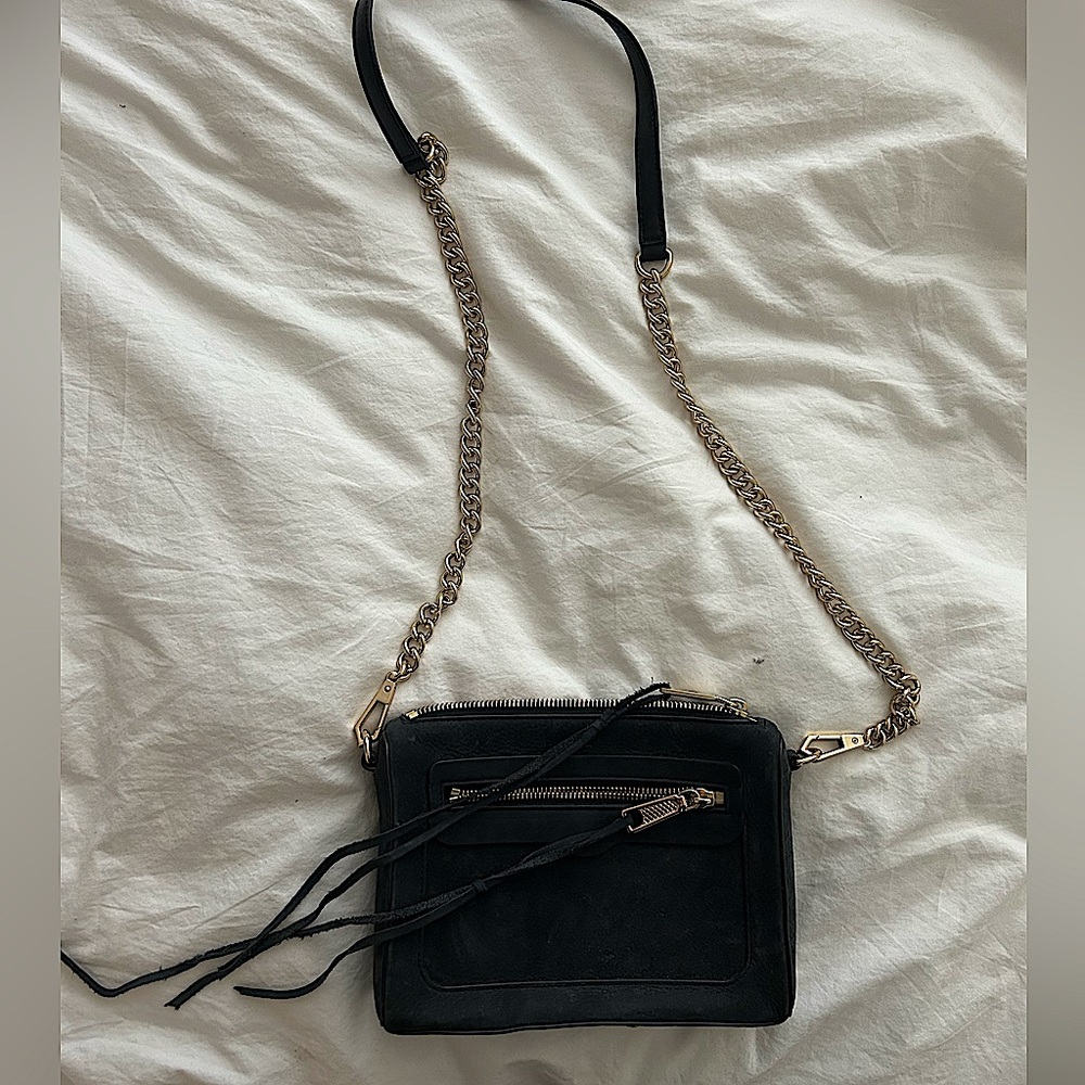 Rebecca Minkoff black suede with gold chain crossbody